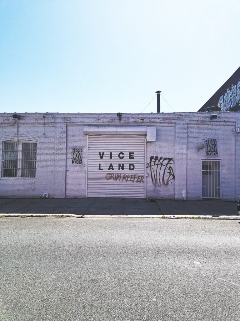 Foto im Hochformat von einem flachen Gebäude mit einem Rollto auf dem in schwarzen Buchstaben VICELAND steht. r Aus dem Artikel New York Reise 2019